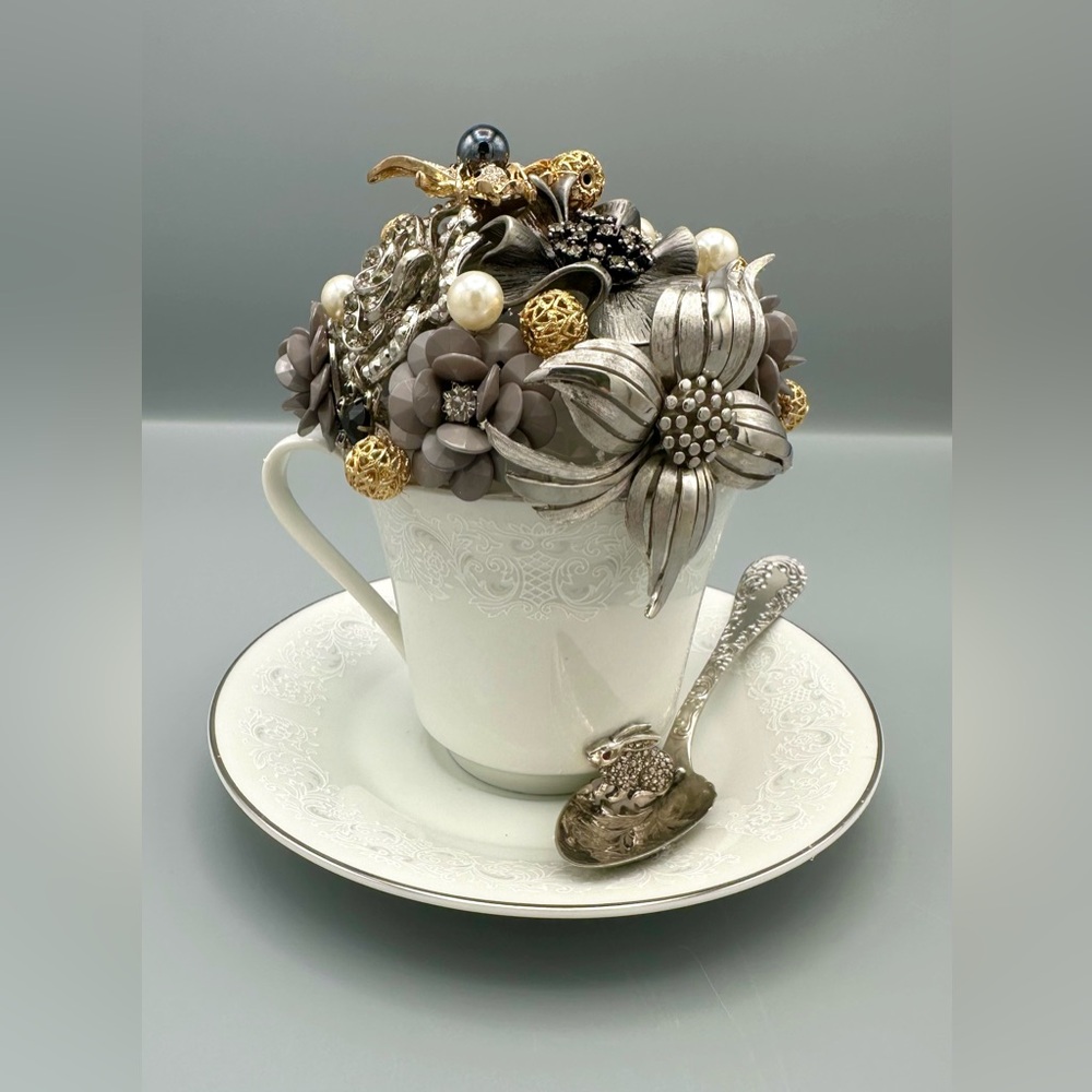 Handmade Vintage Jewelry Teacup Art – Whimsical One of a Kind Decor